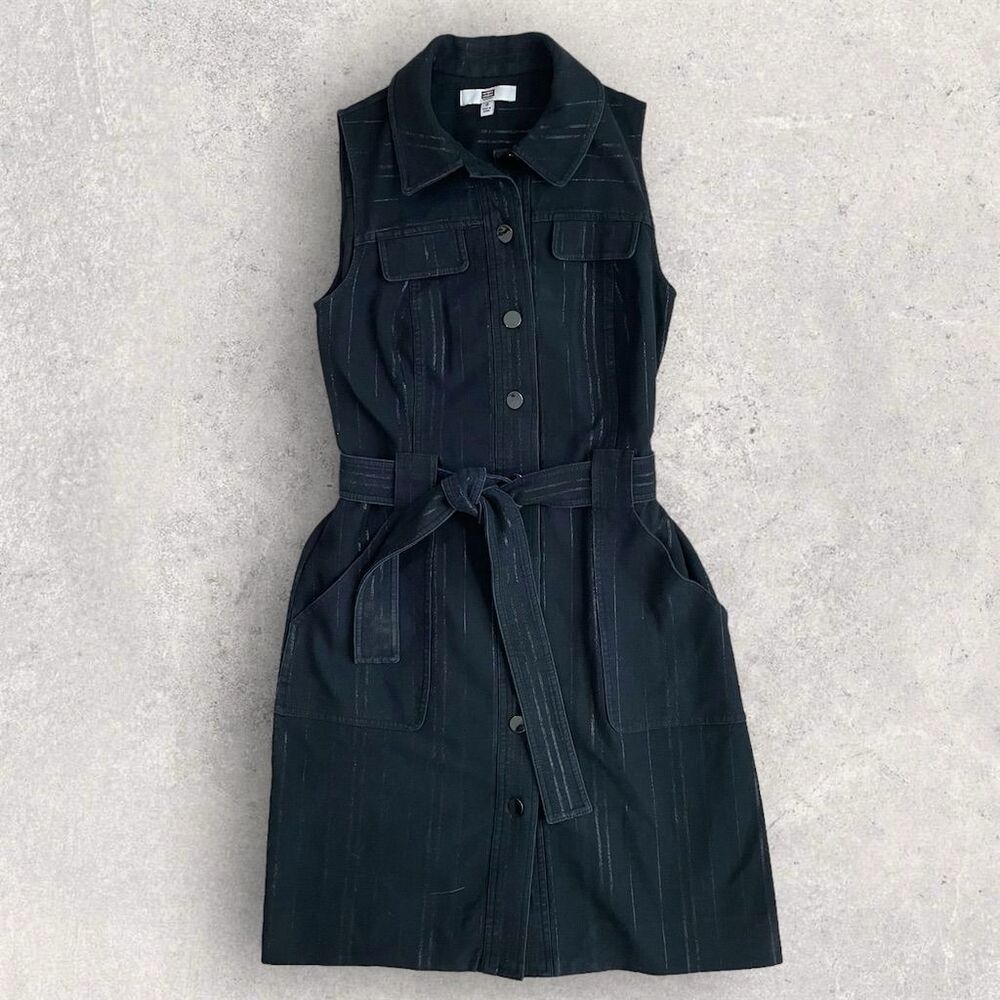 Etcetera Black Metallic Shirt Dress Size 8 Sleeveless Belted Waist Knee Length